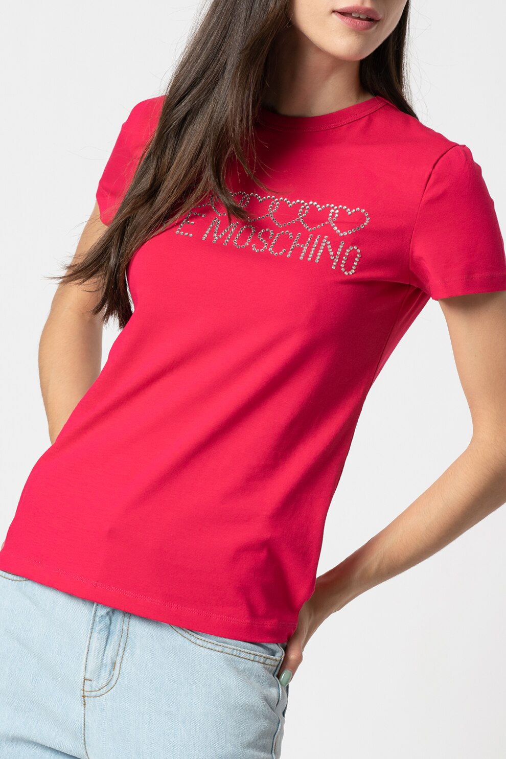 Love Moschino, Tricou cu decolteu la baza gatului si logo cu strasuri, Zmeuriu