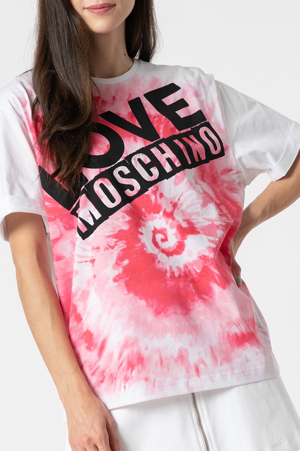 Love Moschino, Tricou de bumbac cu imprimeu logo, Roz zmeuriu/Alb, L