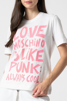 Love Moschino, Tricou cu decolteu la baza gatului si imprimeu text, Alb/Roz Love Moschino, Tricou cu decolteu la baza gatului si imprimeu text, Alb/Roz