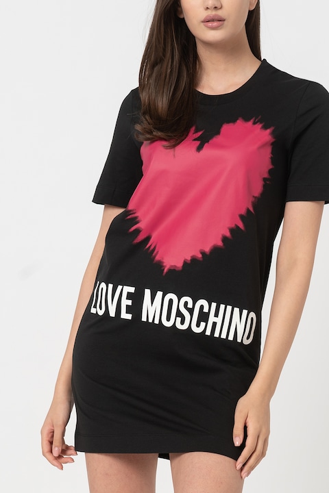 Love Moschino, Рокля тип тениска с контрастно лого, Бял/Розов/Черен