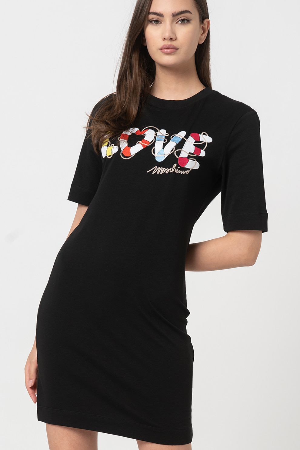 Love Moschino, Rochie-tricou cu aplicatie logo, Negru, M