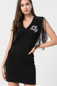 Love Moschino, Rochie cu decolteu in V si maneci cu franjuri, Negru Love Moschino, Rochie cu decolteu in V si maneci cu franjuri, Negru