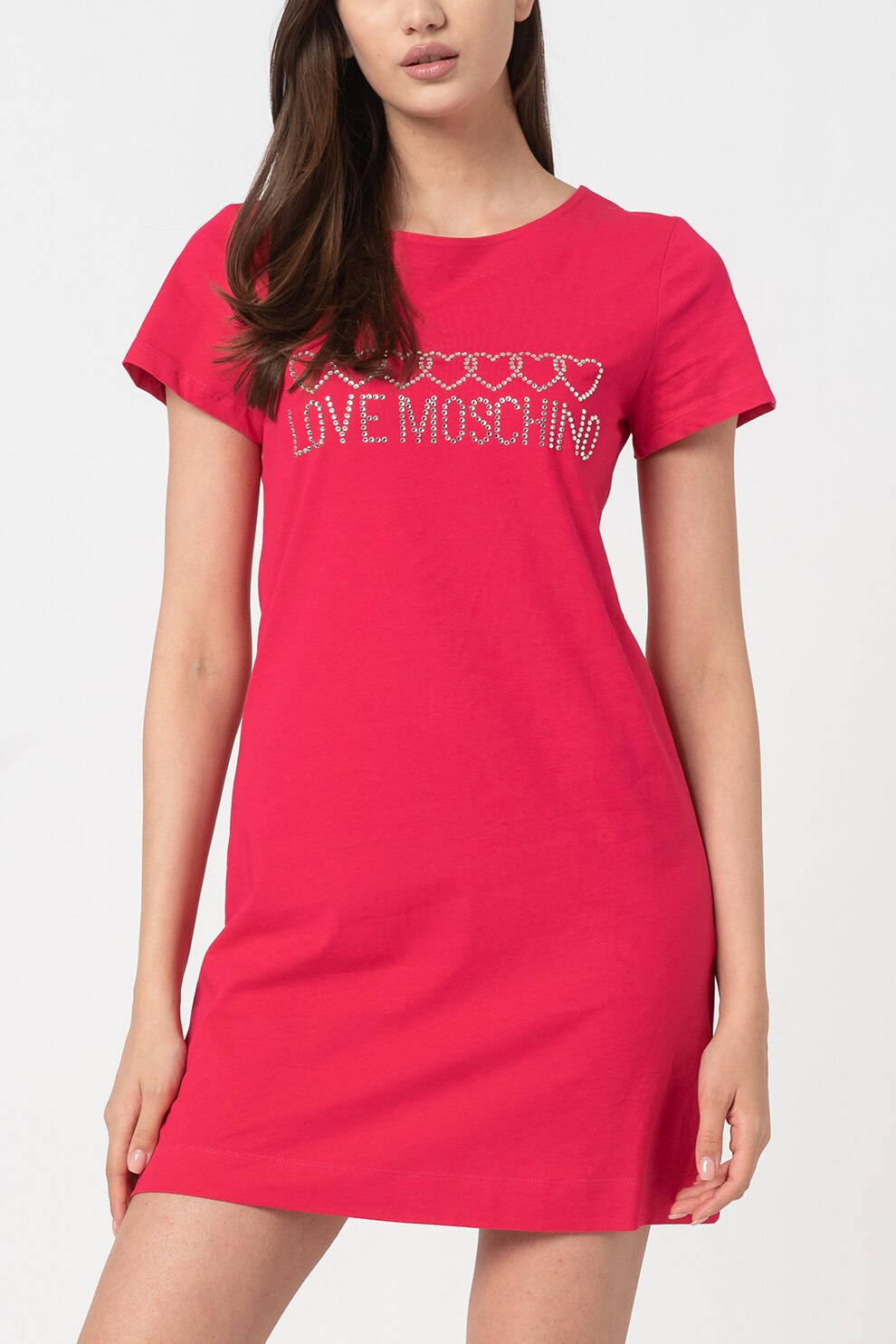 Love Moschino, Rochie-tricou cu logo din strasuri, Zmeuriu, L