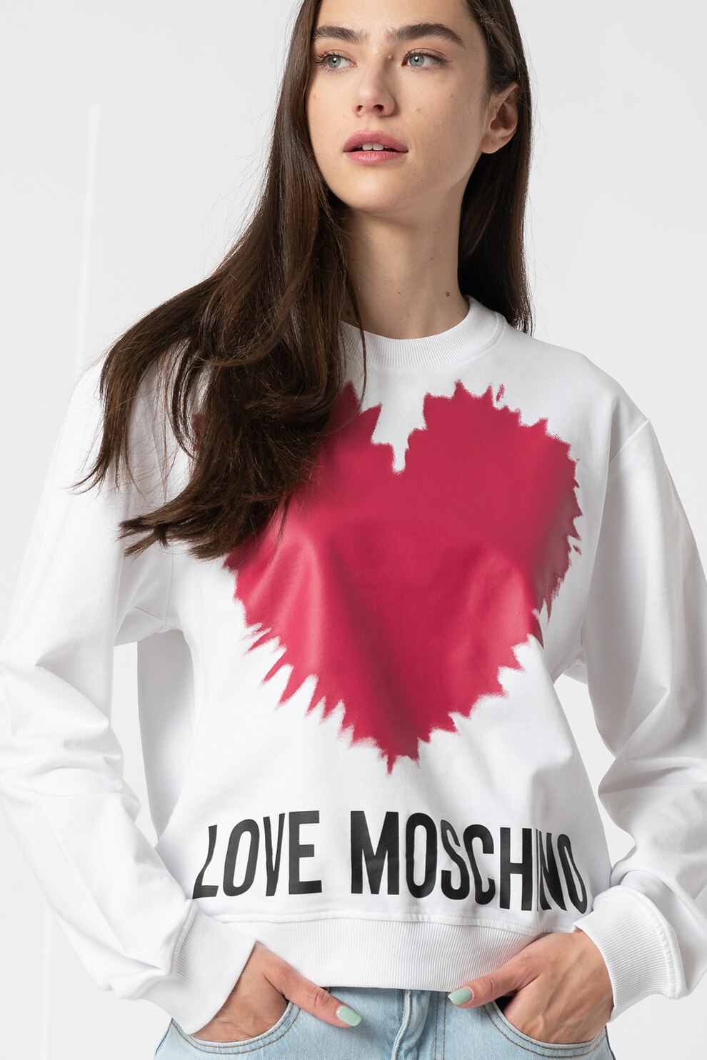 Love Moschino, Bluza sport cu imprimeu logo, Alb/Rosu/Roz, XL