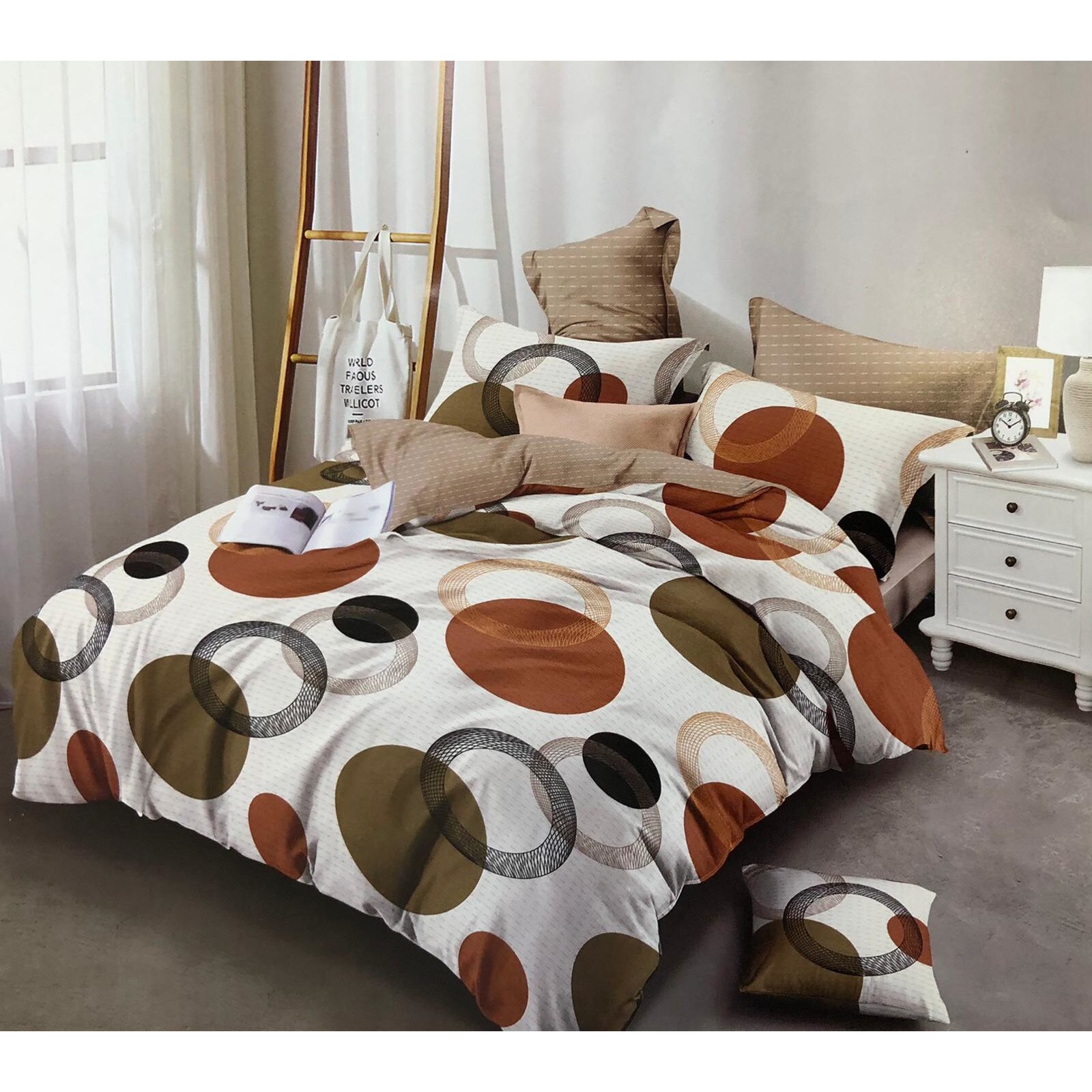 Lenjerie de pat 2 persoane, 6 piese, Finet Super Elegant, Maro cu cercuri, LikeStore