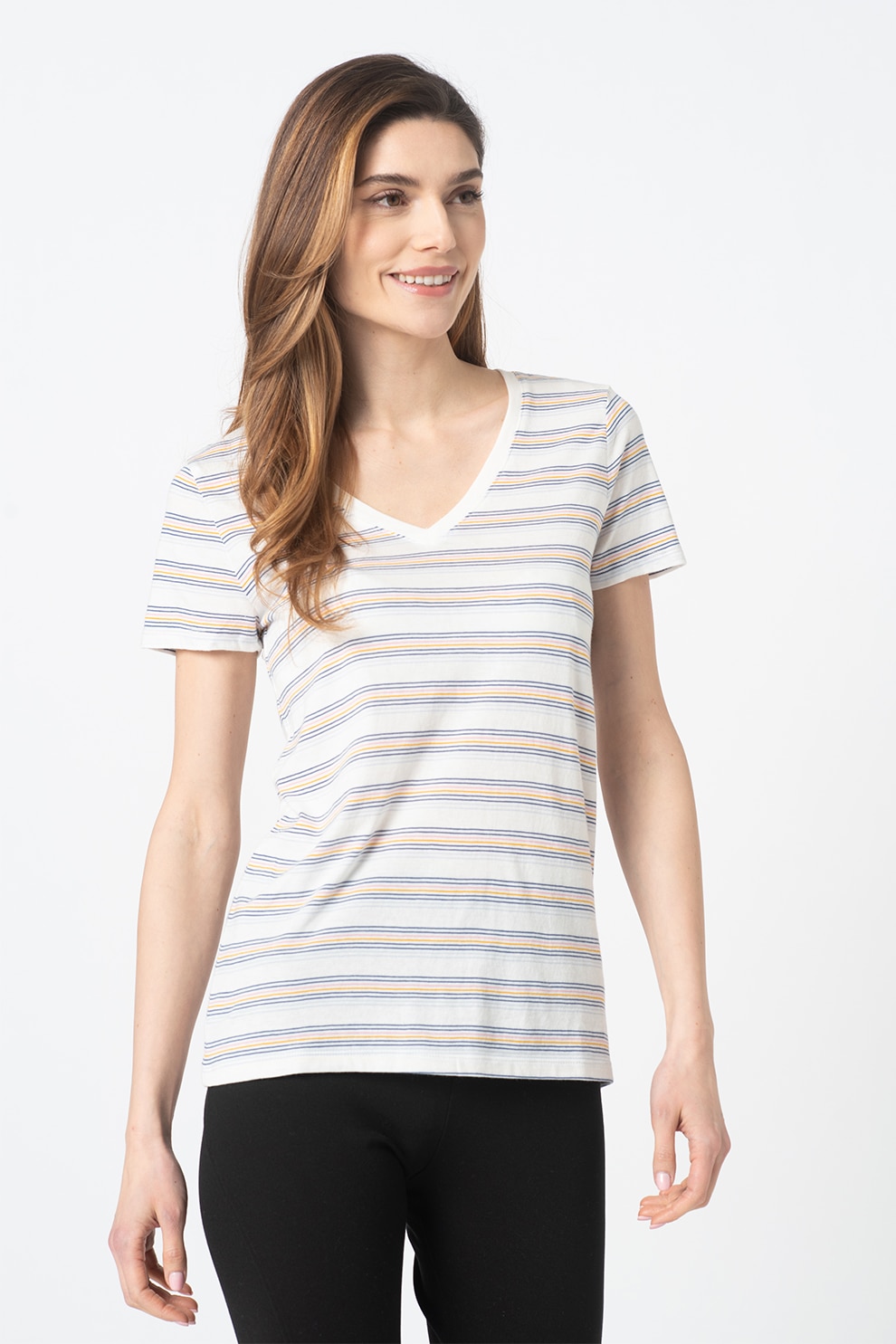 GAP, Tricou de bumbac si modal cu dungi, Alb/Bleumarin