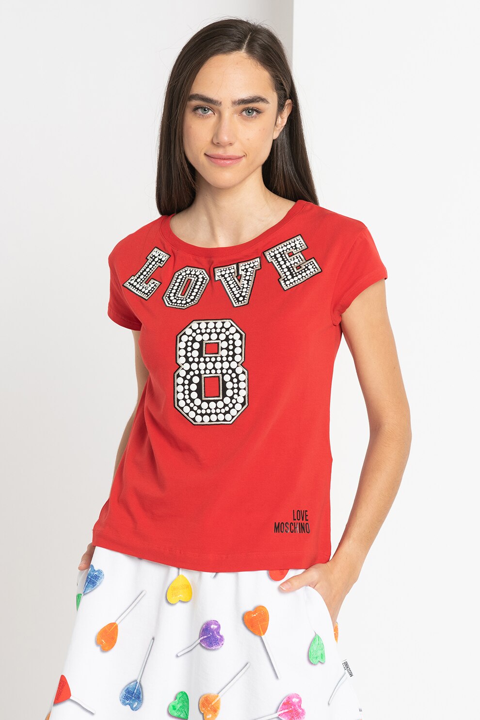 Love Moschino, Tricou cu logo brodat, Rosu/Negru/Alb, L