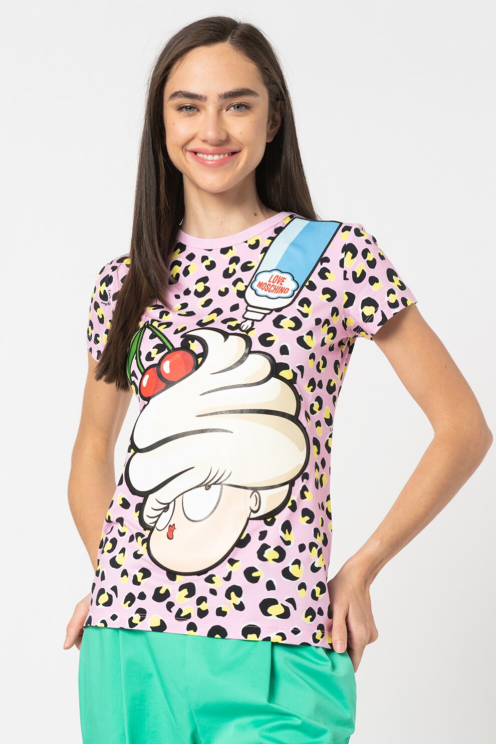 Love Moschino, Tricou din amestec de bumbac, cu imprimeu, Roz pastel, Galben, Albastru
