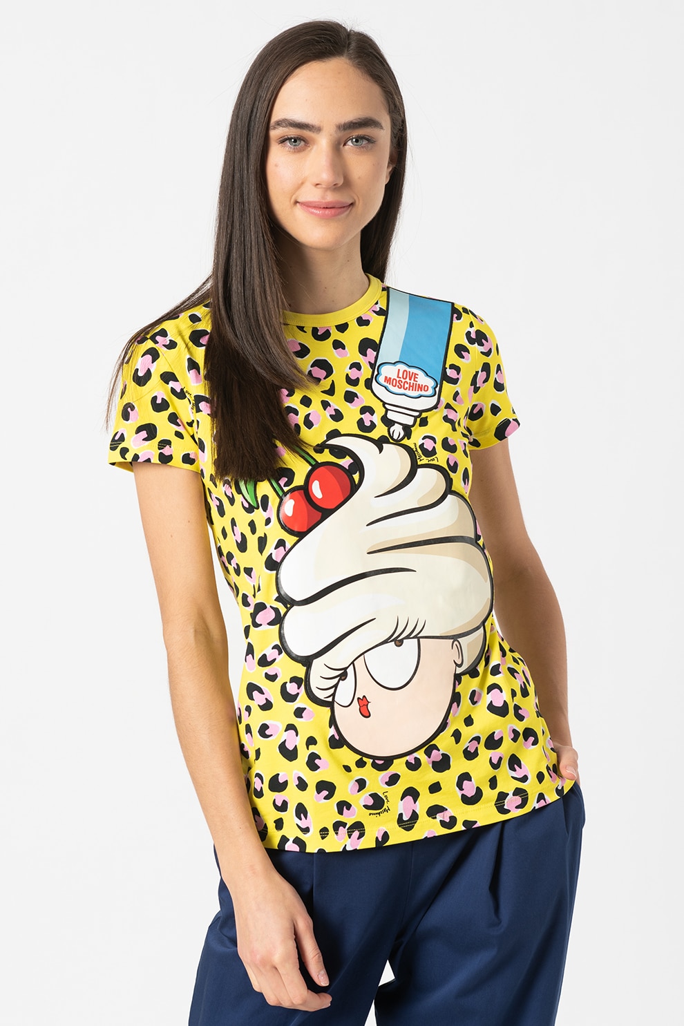 Love Moschino, Tricou din amestec de bumbac, cu imprimeu, Galben/Roz/Negru