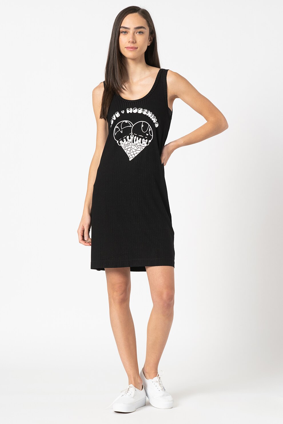 Love Moschino, Rochie fara maneci cu imprimeu grafic, Negru/Alb