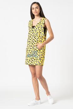Love Moschino, Rochie dreapta cu animal print si buzunar kangaroo, Galben/Roz/Negru Love Moschino, Rochie dreapta cu animal print si buzunar kangaroo, Galben/Roz/Negru