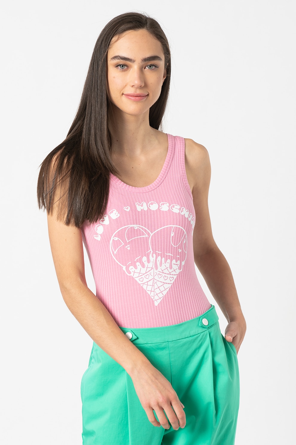 Love Moschino, Body cu imprimeu grafic si decolteu amplu, Roz pastel