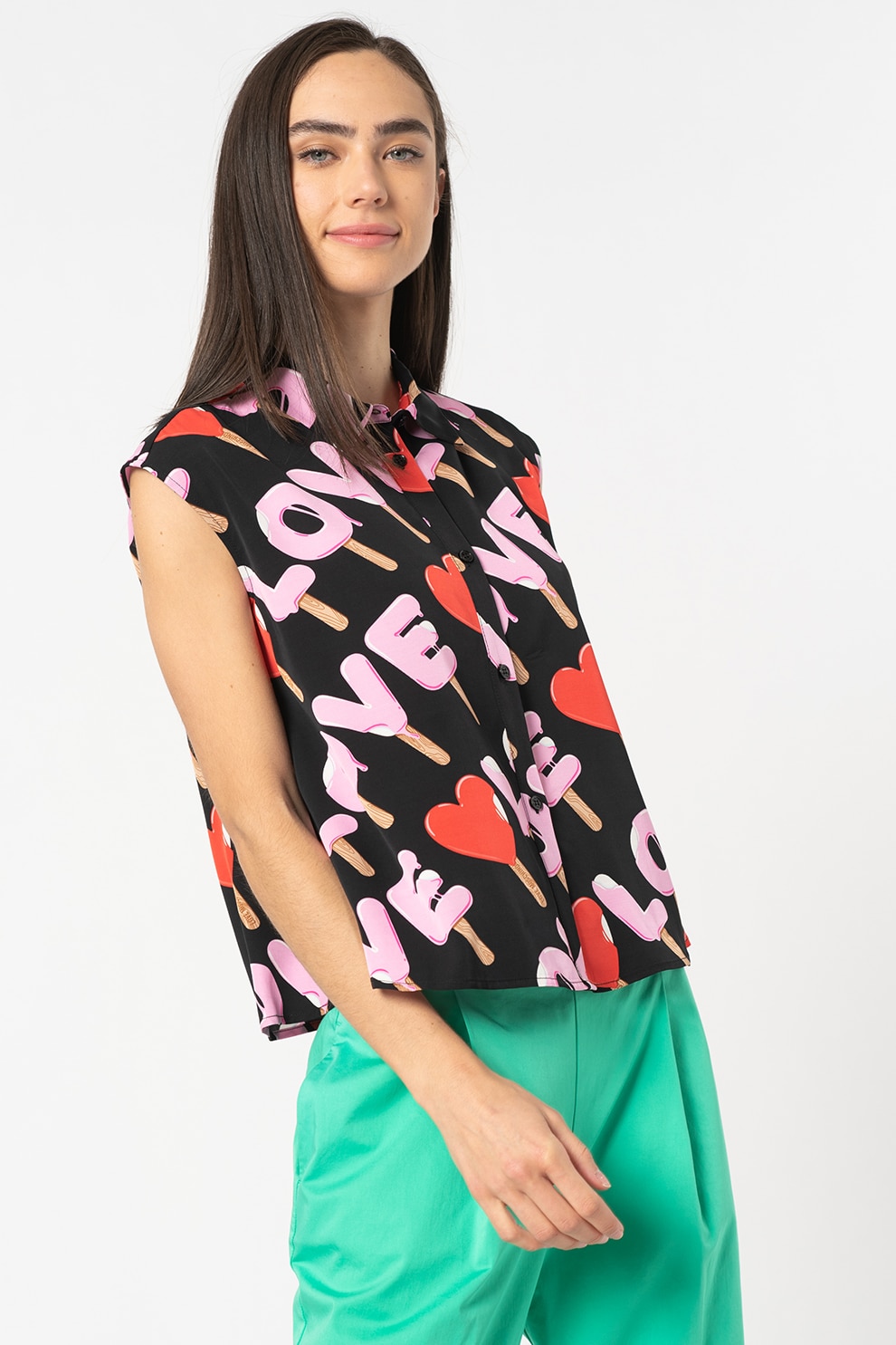 Love Moschino, Camasa cu imprimeu, fara maneci, Negru/Roz/Rosu
