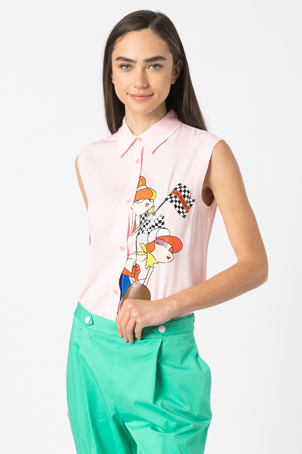 Love Moschino, Camasa fara maneci, cu imprimeu grafic, roz pastel, maro, rosu