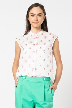 Love Moschino, Camasa fara maneci cu imprimeu cu inimi, Alb/Roz/Verde menta, XL Love Moschino, Camasa fara maneci cu imprimeu cu inimi, Alb/Roz/Verde menta, XL