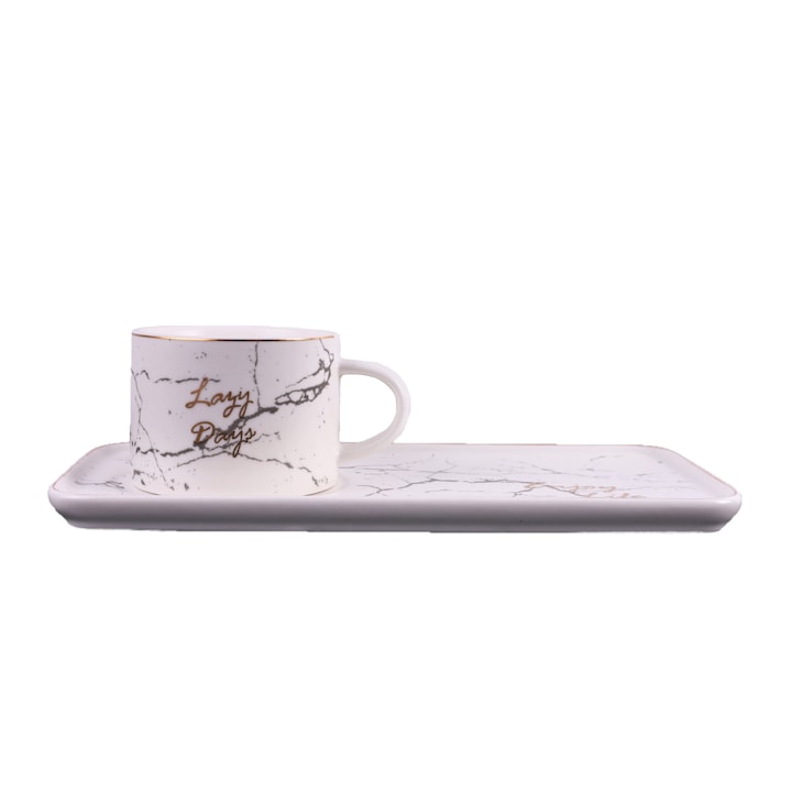 Set de cesti pentru cafea, 6 cesti cu 6 platouri, design marmura alb cu unsertii aurii, 220 ml