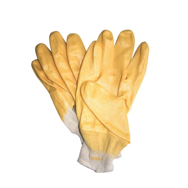 Protek védőkesztyű kötött anyagból, sárga színű, nitril gumi fóliával, univerzális méret
