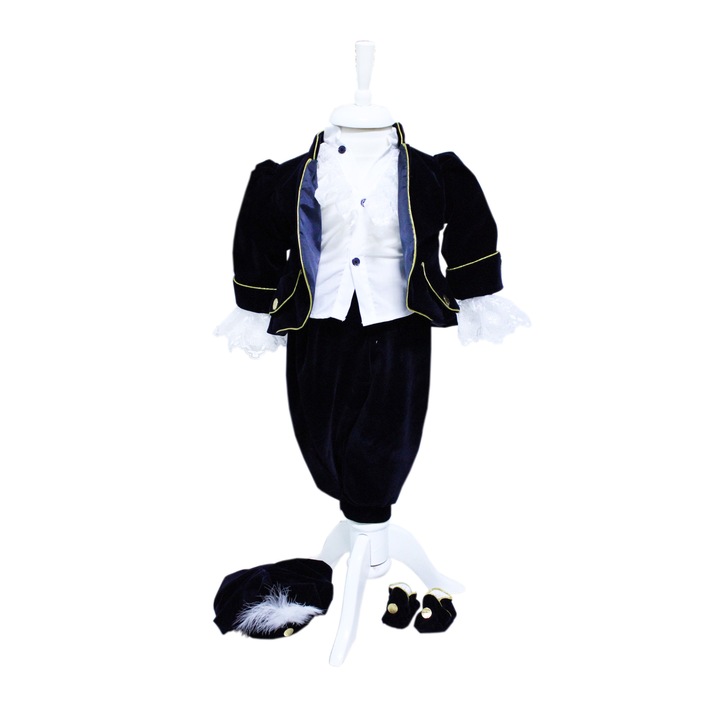 Costum de print, din catifea, bleumarin inchis pentru botez, 5 piese, camasa, sacou, pantaloni, palarie, botosi, pentru baieti REC36, 1-4 luni