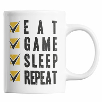 Cana cadou inedit pentru iubitorii de jocuri pe calculator, Priti Global, EAT, GAME, SLEEP, REPEAT, gameri, 300 ml Cana cadou inedit pentru iubitorii de jocuri pe calculator, Priti Global, EAT, GAME, SLEEP, REPEAT, gameri, 300 ml
