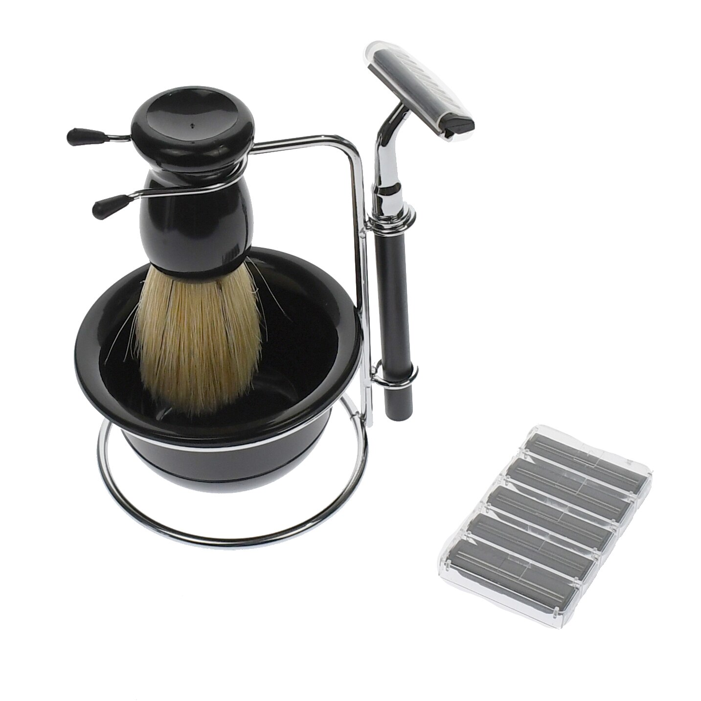 Set aparat de ras clasic cu rezerve, stand si pamatuf, negru - L319N