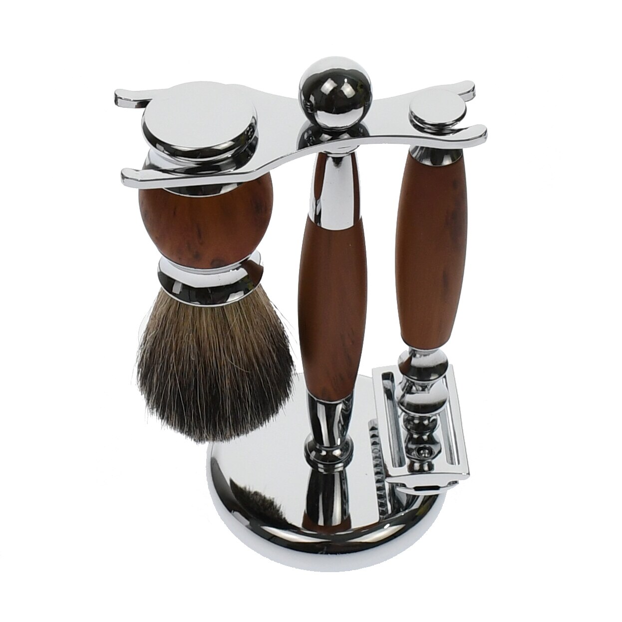 Set aparat de ras clasic, cu stand si pamatuf, maro - ST036