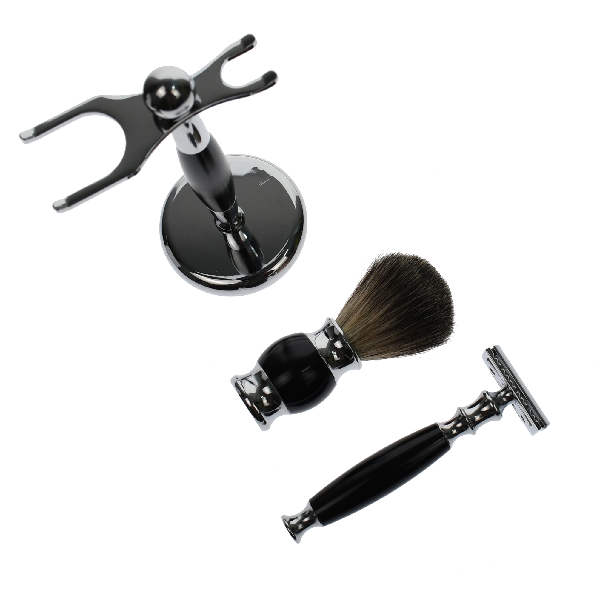 Set aparat de ras clasic, cu stand si pamatuf, negru - ST039