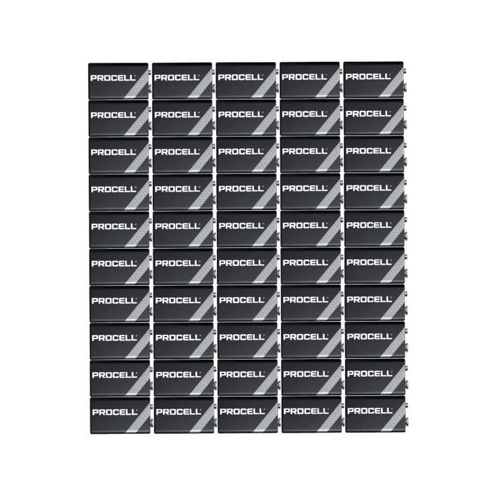 Pachet 50 baterii Duracell Procell 9V, 6LR61, alcaline