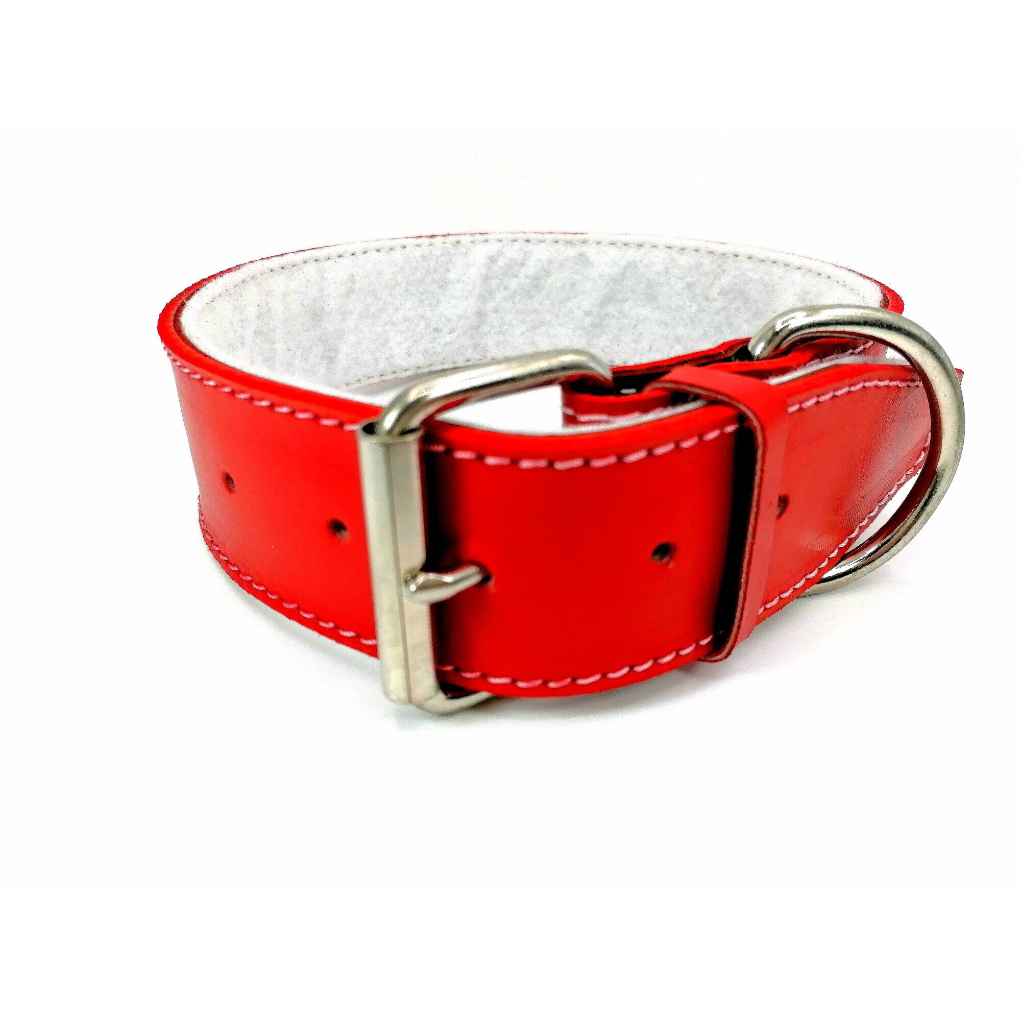 Zgarda din piele naturala rosie , cu pasla , 50 mm x 75 cm