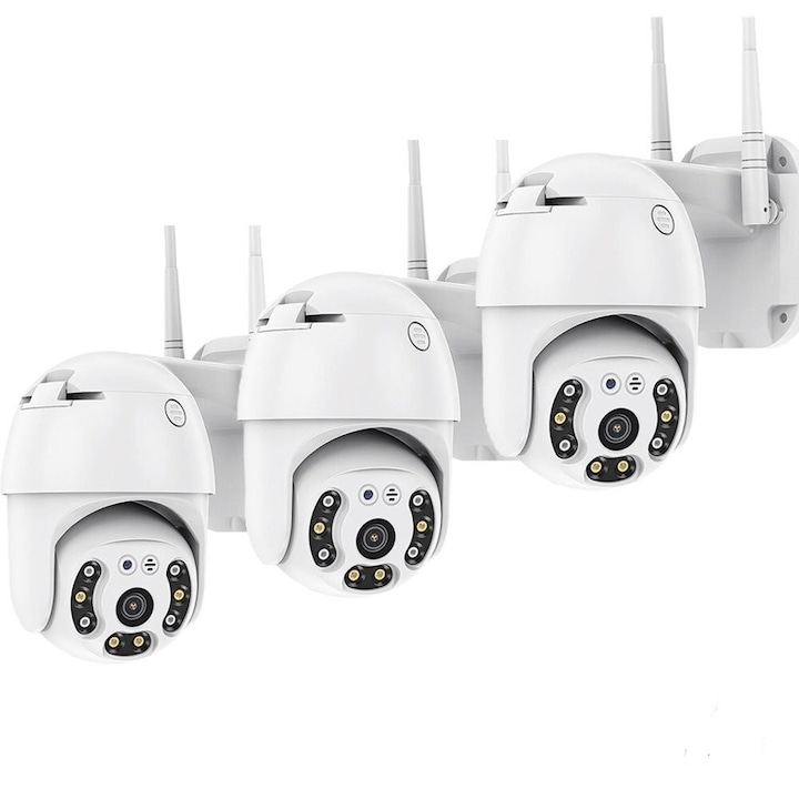 Комплект камери за видеонаблюдение с две антени, цветно, нощно виждане, Waterproof, WiFi, Full HD 1080p, Бял, 3 броя
