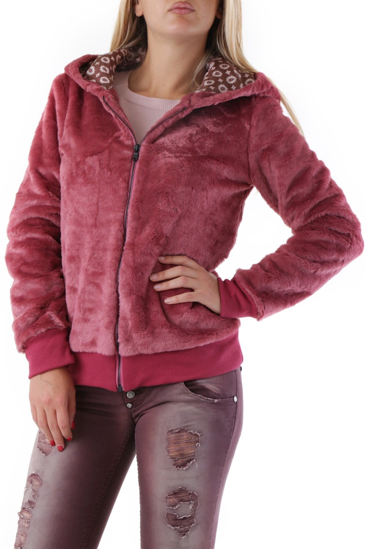 Jacheta 525, cu gluga din blana sintetica, roz, S