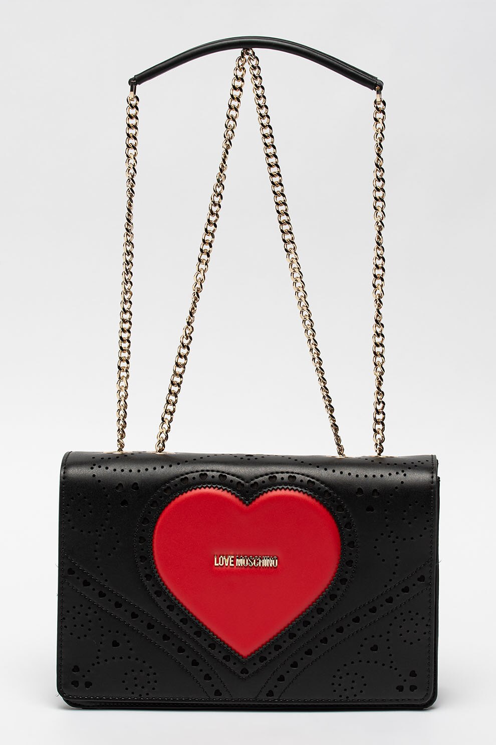 Love Moschino, Geanta de piele ecologica cu bareta lant convertibila, Negru/Rosu