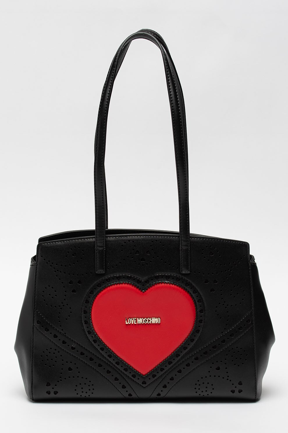 Love Moschino, Geanta de piele ecologica cu bareta si perforatii decorative, Negru/Rosu