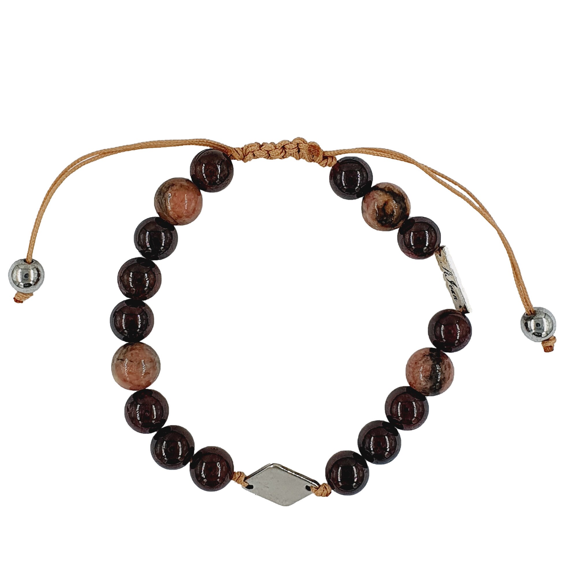 Bratara handmade din granat, rodocrozit, hematit, Pandantiv din argint 925 si otel, Snur reglabil, Maro