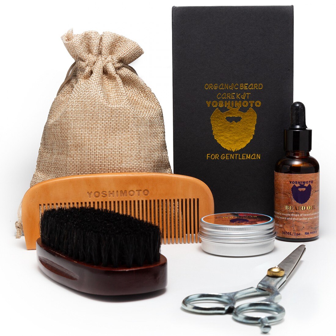 Set barber YOSHIMOTO Groomed, ingrijire barba si mustata, cu perie, ulei, foarfeca, pieptan, balsam - ST058
