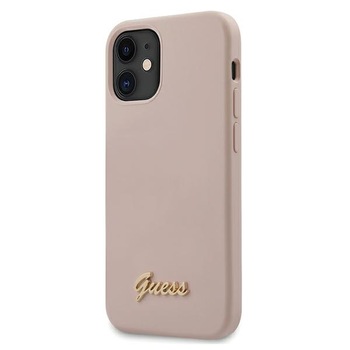 Husa iPhone 12 Mini Guess Silicone Silicone Script Gold Logo Pink Husa iPhone 12 Mini Guess Silicone Silicone Script Gold Logo Pink