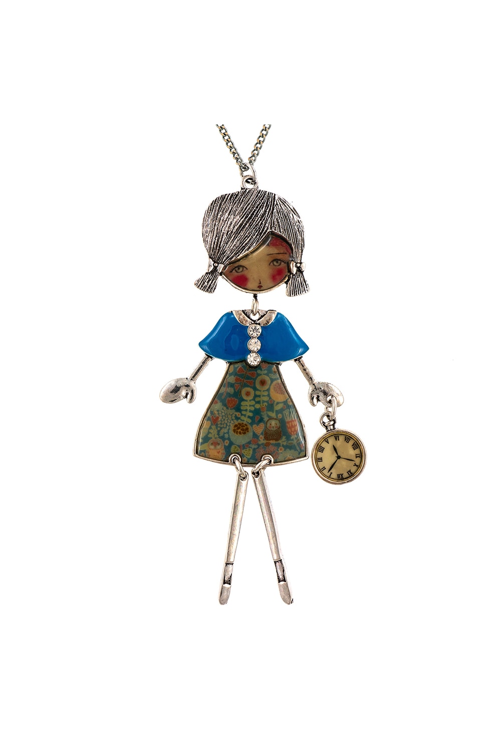 Roxannes - Bambole Milanesi, Colier cu pandantiv in forma de fata, Albastru royal/Argintiu inchis/Verde