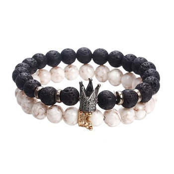 Set 2 bratari fashion queen and king din roca vulcanica neagra si alba semipretioasa, cu bijuterii tip coroana din zirconiu, 18-19 cm, RRI Set 2 bratari fashion queen and king din roca vulcanica neagra si alba semipretioasa, cu bijuterii tip coroana din zirconiu, 18-19 cm, RRI