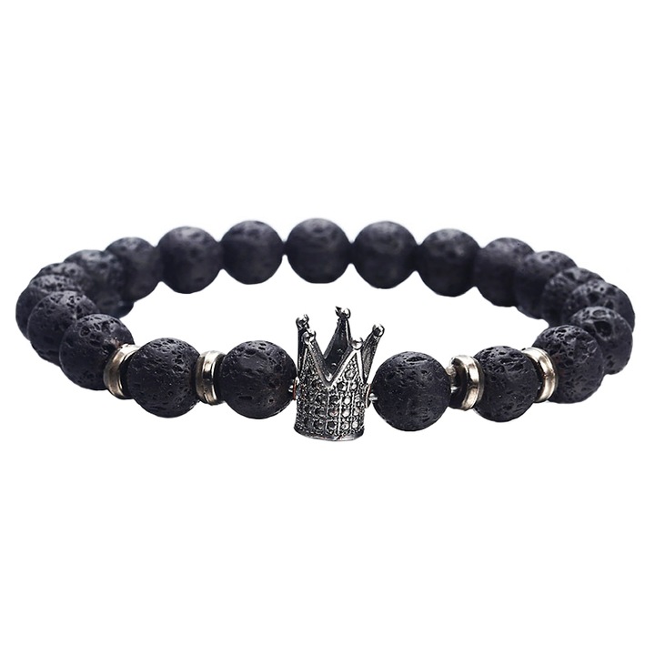 Bratara barbateasca fashion king din roca vulcanica neagra semipretioasa, cu bijuterii tip coroana din zirconiu, 19 cm, EFAYN