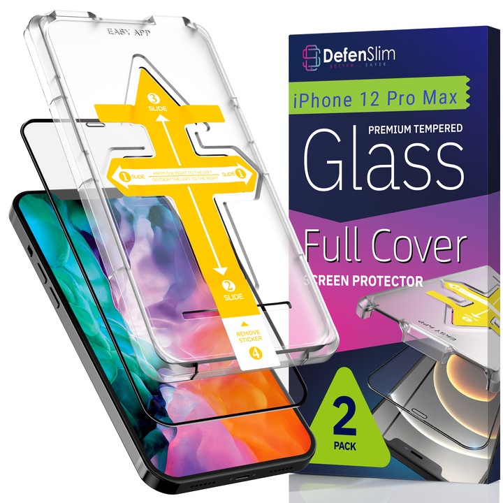 Комплект от 2 стъклени фолиа за iPhone 12 Pro Max, Full Cover 3D, DefenSlim, лесна и бърза инсталация с автоматично монтиращо устройство за 30 секунди с патентован Easy Install Kit, защита на телефона