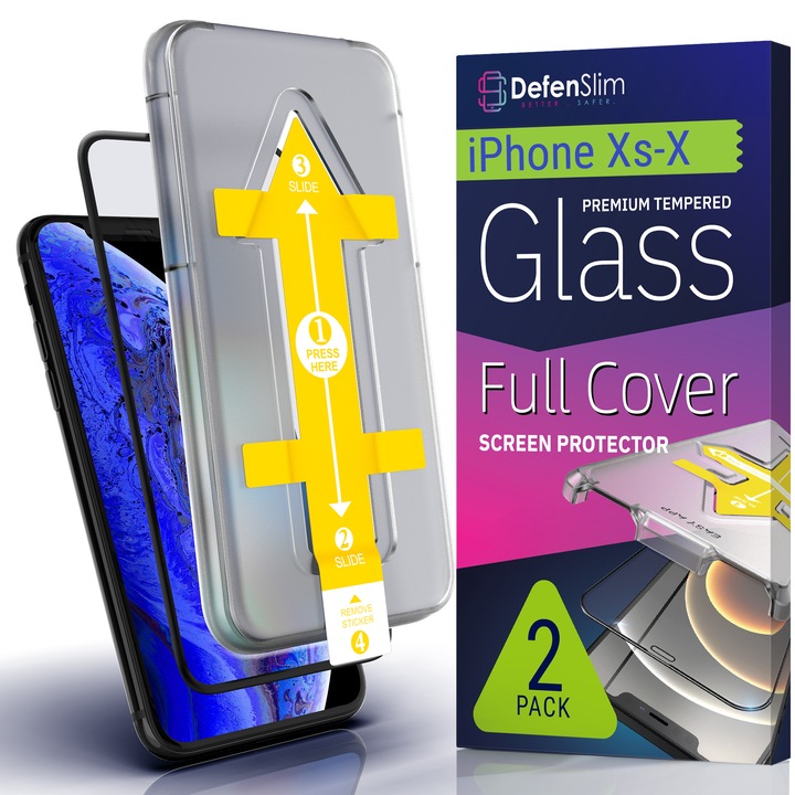 2 üvegfólia készlet iPhone XS / X-hez, Full Cover 3D, DefenSlim, egyszerű és gyors telepítés automatikus illesztővel 30 másodperc alatt, szabadalmaztatott Easy Install Kittel, telefonvédelem