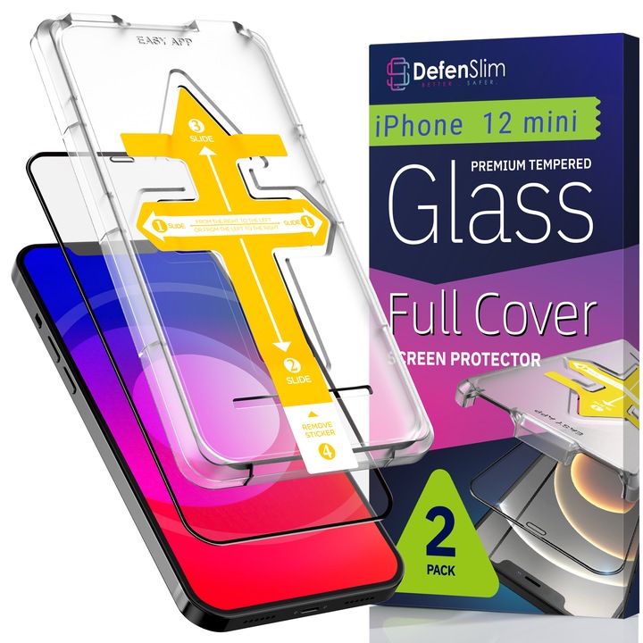 Комплект от 2 фолиа за стъкло за iPhone 12 Mini, Full Cover 3D, DefenSlim, лесна и бърза инсталация с автоматично устройство за 30 секунди с патентован Easy Install Kit, защита на телефона