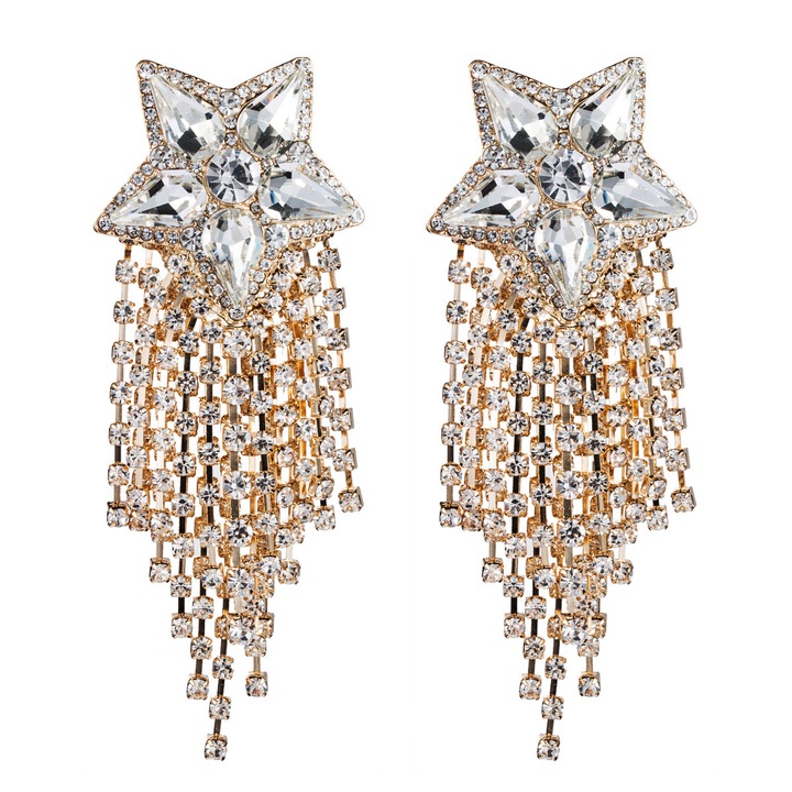 Cercei dama, Aliaj metalic, Auriu, Cristale, stea, 9 x 3.5 cm