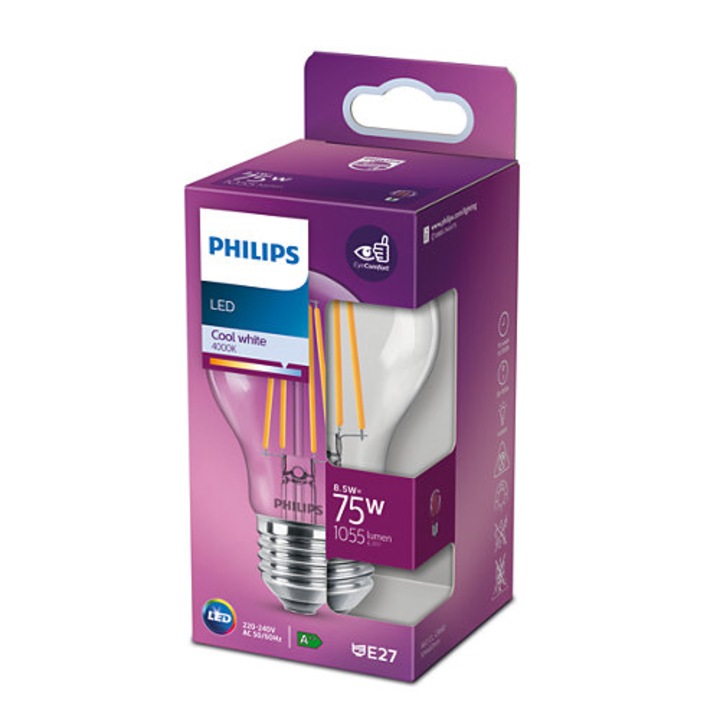 Bec LED Vintage Filament Philips Classic, E27, 8.5W (75W), 1055 lm, A60, lumina naturala