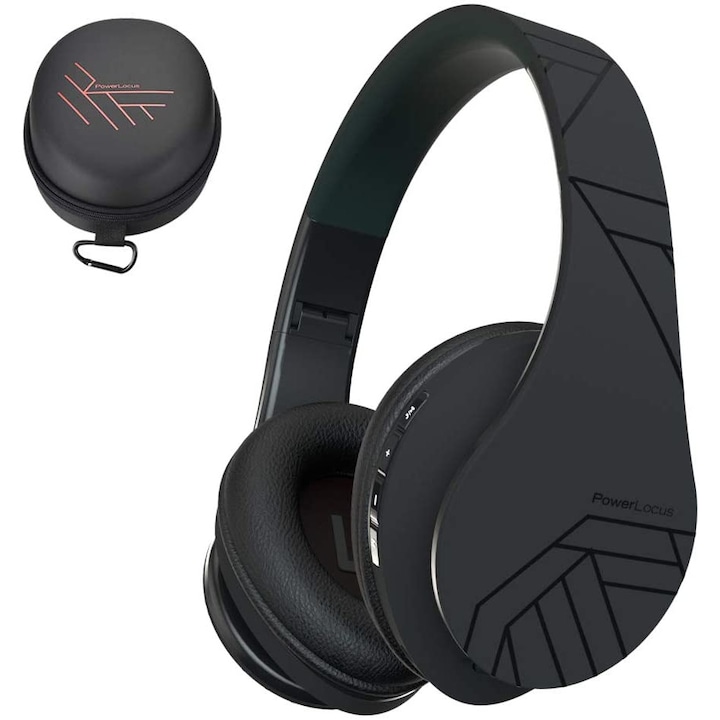 Casti Wireless Over-Ear PowerLocus P2, HD Stereo Pliabile, Bluetooth 5.3 cu optiune AUX, Micro SD / TF, FM Microfon Incorporat pentru iPhone, Android, Laptop, PC, Negru