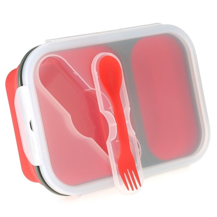 Caserola pliabila silicon Clip&Close cu lingura furculita, Style4Cosy, lungime 21,5 cm, Red