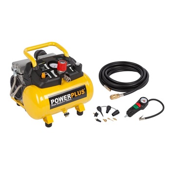 Compresor aer silentios Powerplus POWX 1724S 550W 6L fara ulei 0,75cp, 8 Bari, furtn 1.8m si accesorii Compresor aer silentios Powerplus POWX 1724S 550W 6L fara ulei 0,75cp, 8 Bari, furtn 1.8m si accesorii