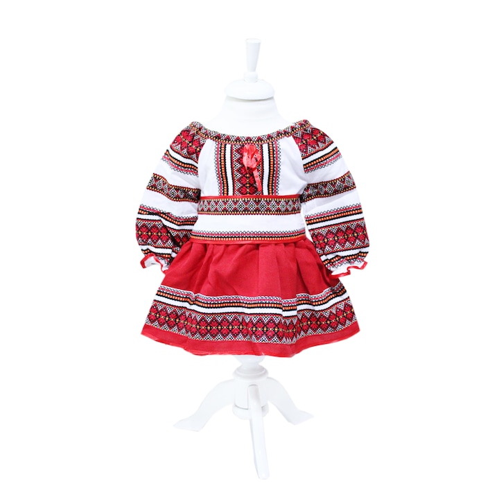 Costum popular, alb-rosu, 3 piese, bluza, fusta, brau, pentru fetite REC5, 11 - 12 ani