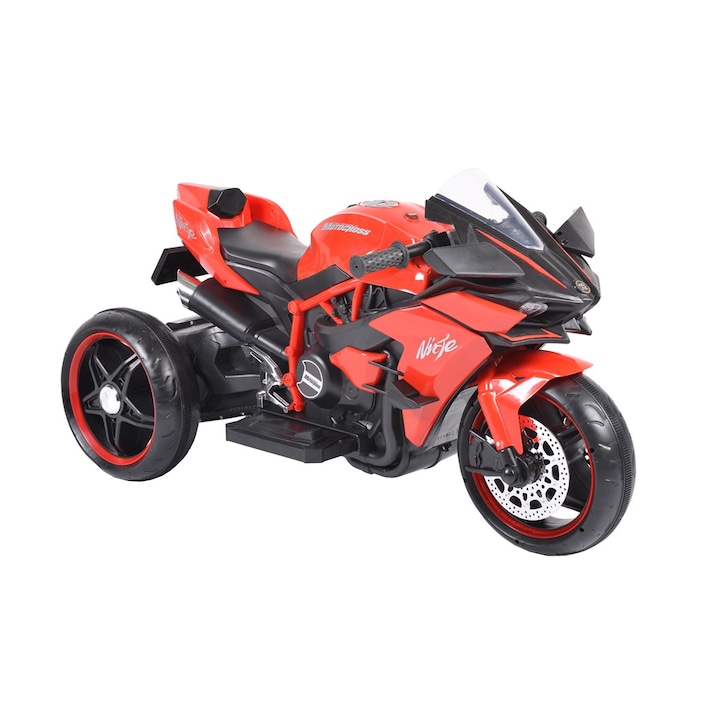 NOVOKIDS Elektromos motorkerékpár, Akkumulátorral, Gyermekek számára, Ninja Trio Motocross, 3-8 év, Max. 30 kg, LED-es dalokkal és lámpákkal, Bluetooth, 3 kerék, Piros