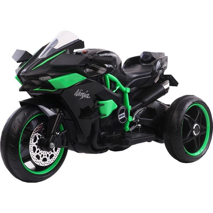 Motocicleta Electrica cu Acumulator Pentru Copii NOVOKIDS™ Ninja Trio Motocross, 3-8 ani, Max 30 kg, Cu Melodii si Lumini LED, Bluetooth, 3 Roti, MERS CU SPATELE, Negru cu Verde