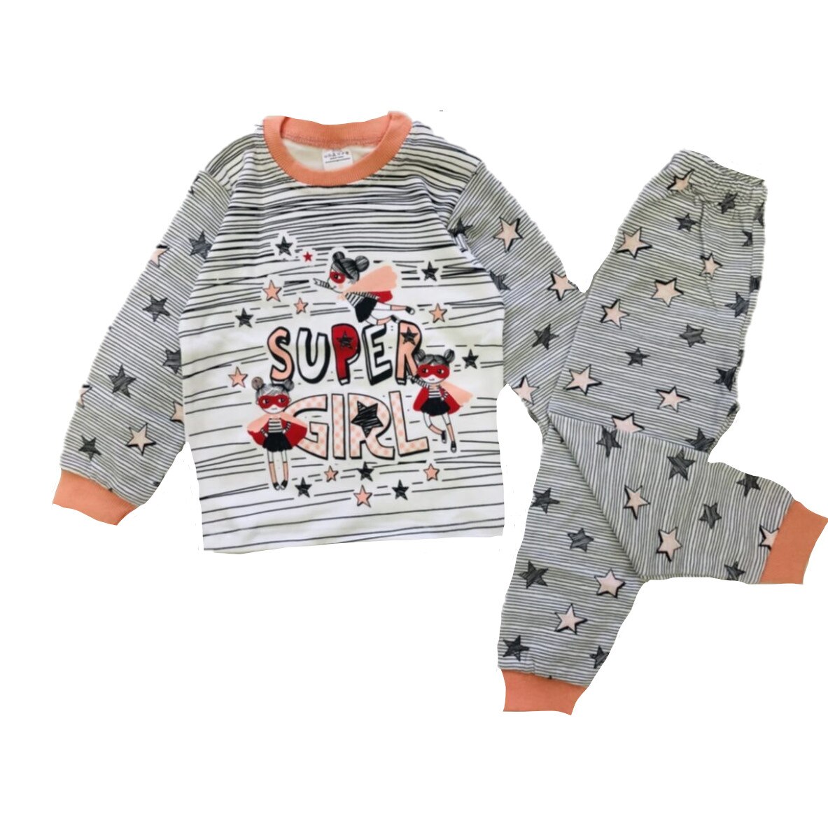 Pijama copii, Model fetita cu stelute, Imprimeu multicolor